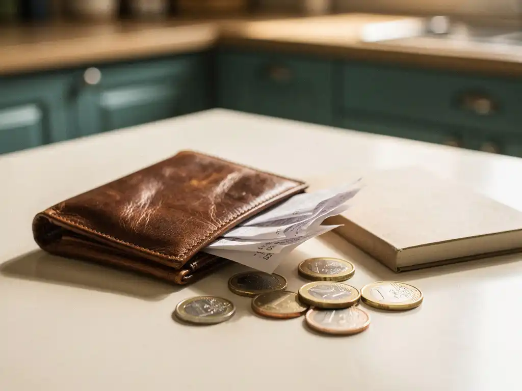 Opengevouwen versleten leren portemonnee op keukentafel met euromunten, bonnetjes en handgeschreven budgetlijst in notitieboekje.
