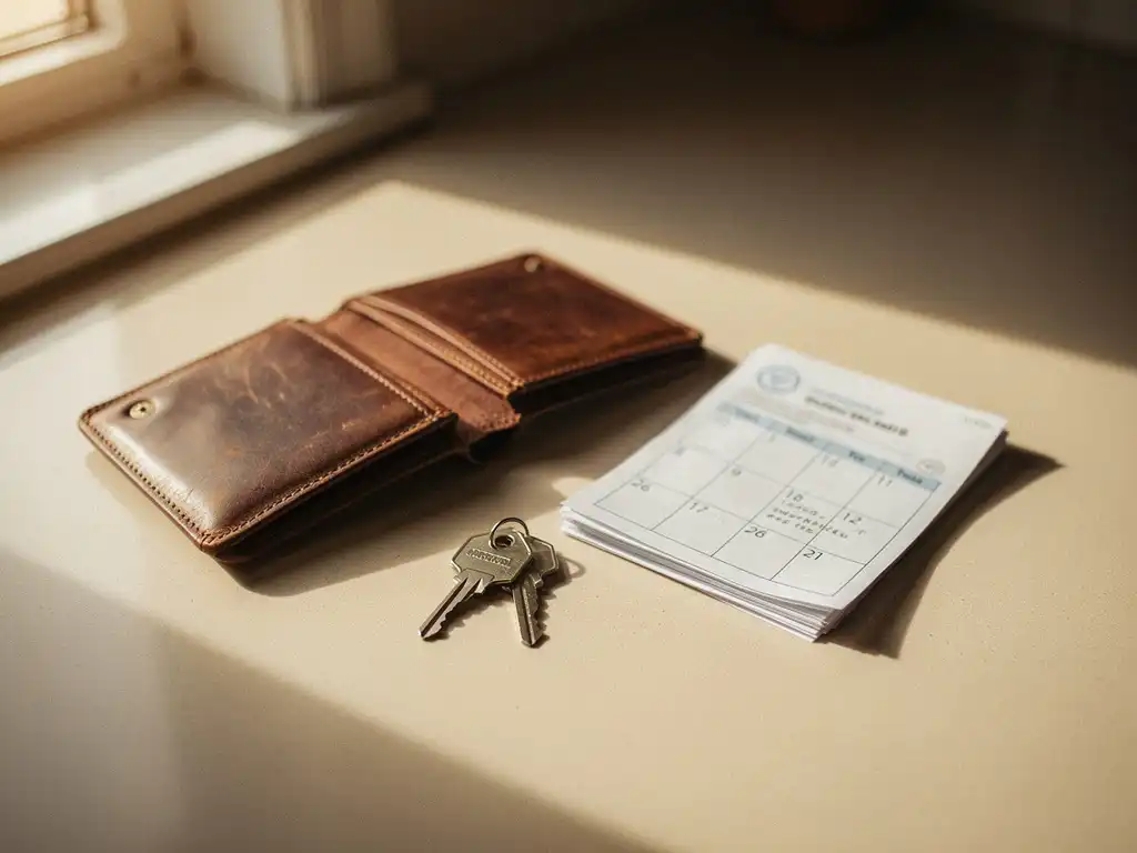 Versleten leren portemonnee naast een weekplanner, zorgadministratie en een huissleutel op een keukentafel in warm middaglicht.