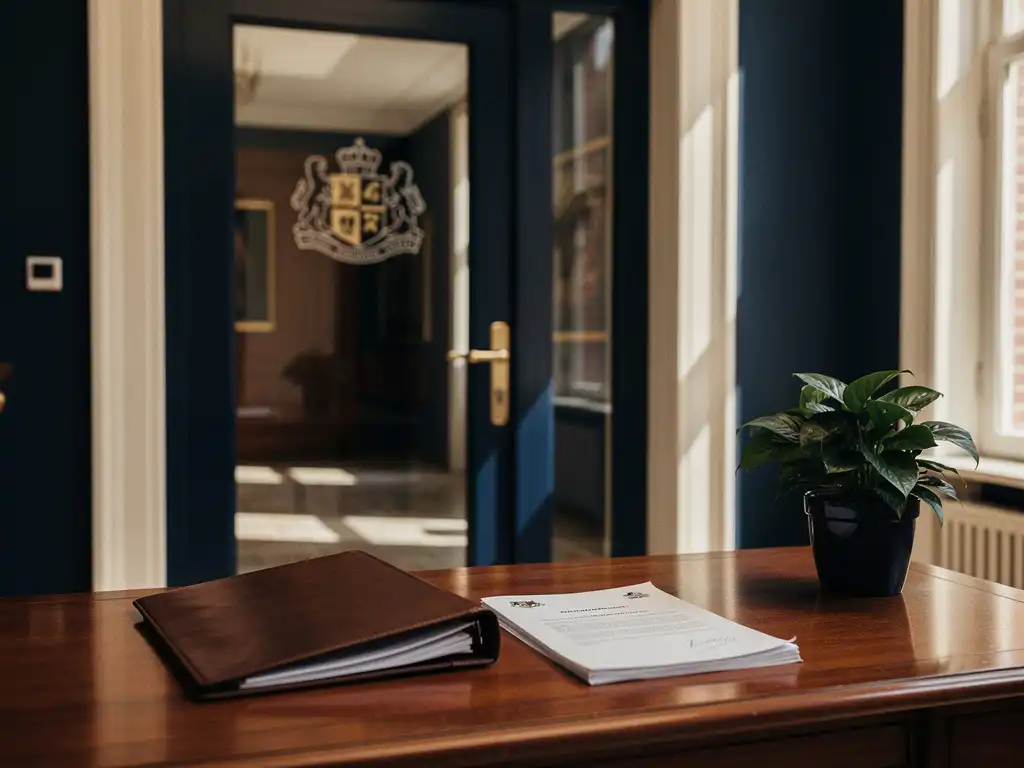Gevel van een Nederlandse rechtbank met officieel rijkszegel, leren juridische map en formele correspondentie op gepolijst houten bureau.