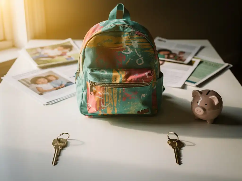 Kleurrijke kinderrugzak tussen twee huissleutels op een witte tafel, met gezinsdocumenten en spaarpot in warm licht.