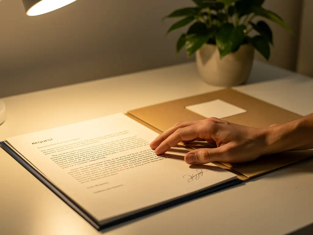 Hand op formele aanvraagbrief naast een manila map op een opgeruimd bureau, verlicht door een warme leeslamp.