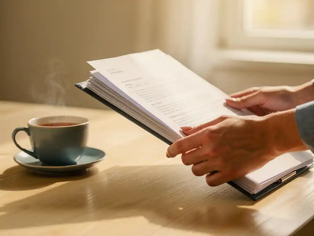 Verzorger legt geordende map met financiële documenten op houten tafel, met een kop thee in warm, sfeervol licht.