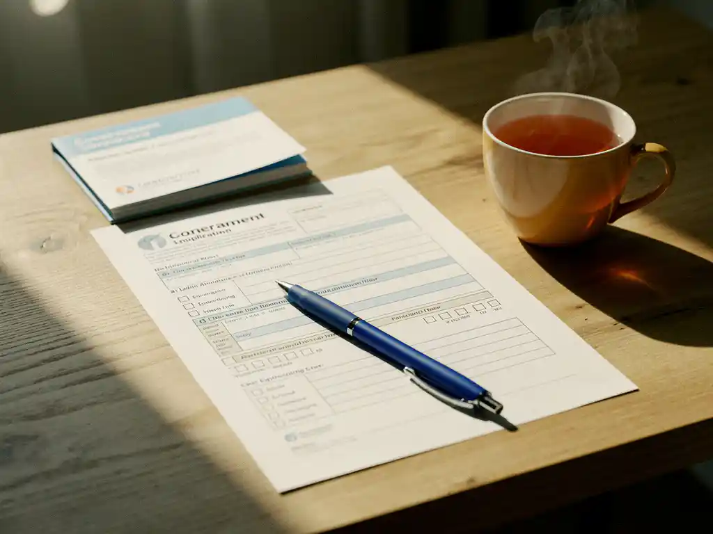 Ingevuld overheidsformulier op opgeruimd bureau met blauwe pen, zorgdocumenten en dampende thee in zacht middaglicht.