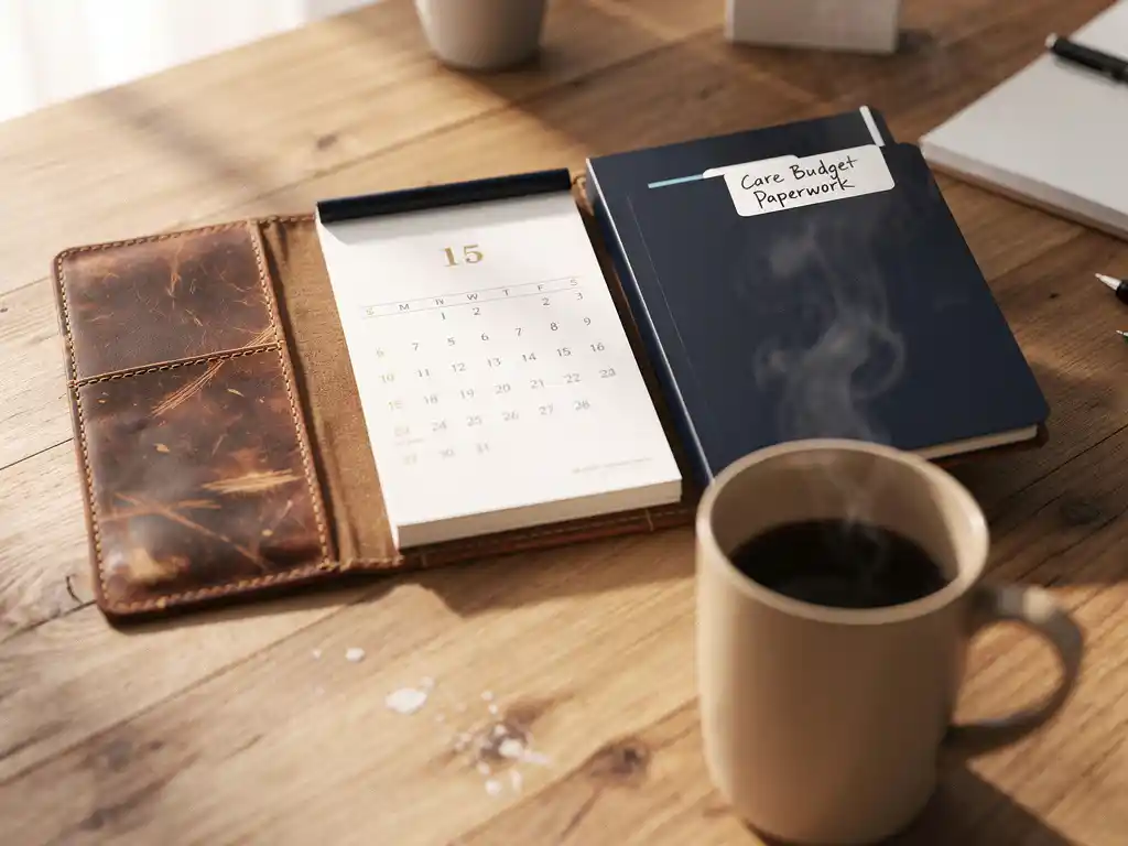 Versleten leren bureaukalender opengeslagen op een deadlinedatum, naast een map met zorgbudget-papieren en een dampende koffie in zacht ochtendlicht.