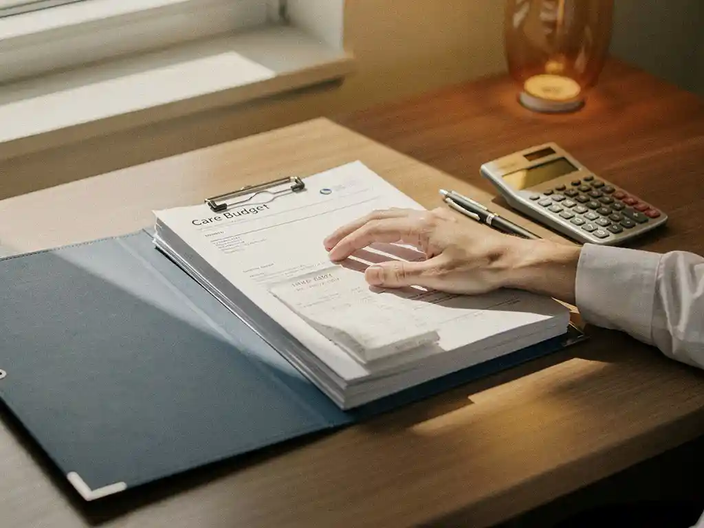 Hand die zorgbudgetdocumenten en bonnen doorneemt op een opgeruimd bureau met pen en rekenmachine in warm kantoorlicht.