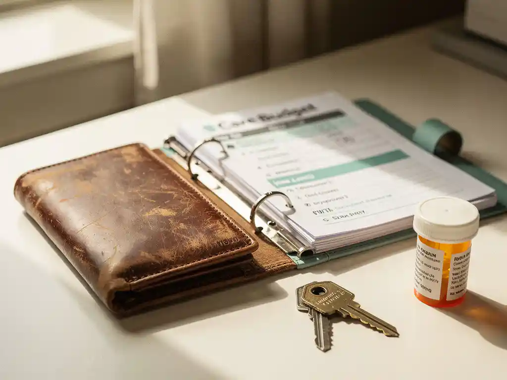Versleten leren portemonnee naast een zorgbudget-ordner op wit bureau, met huissleutel en medicijnflesje, zachte natuurlijke belichting.