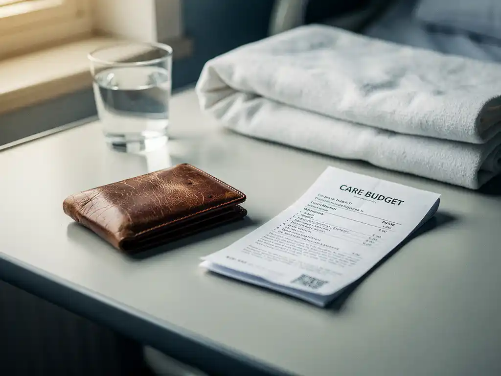Versleten leren portemonnee en zorgbudgetdocument op ziekenhuisnachtkastje, met wit deken en waterglas in zachte natuurlijke belichting.