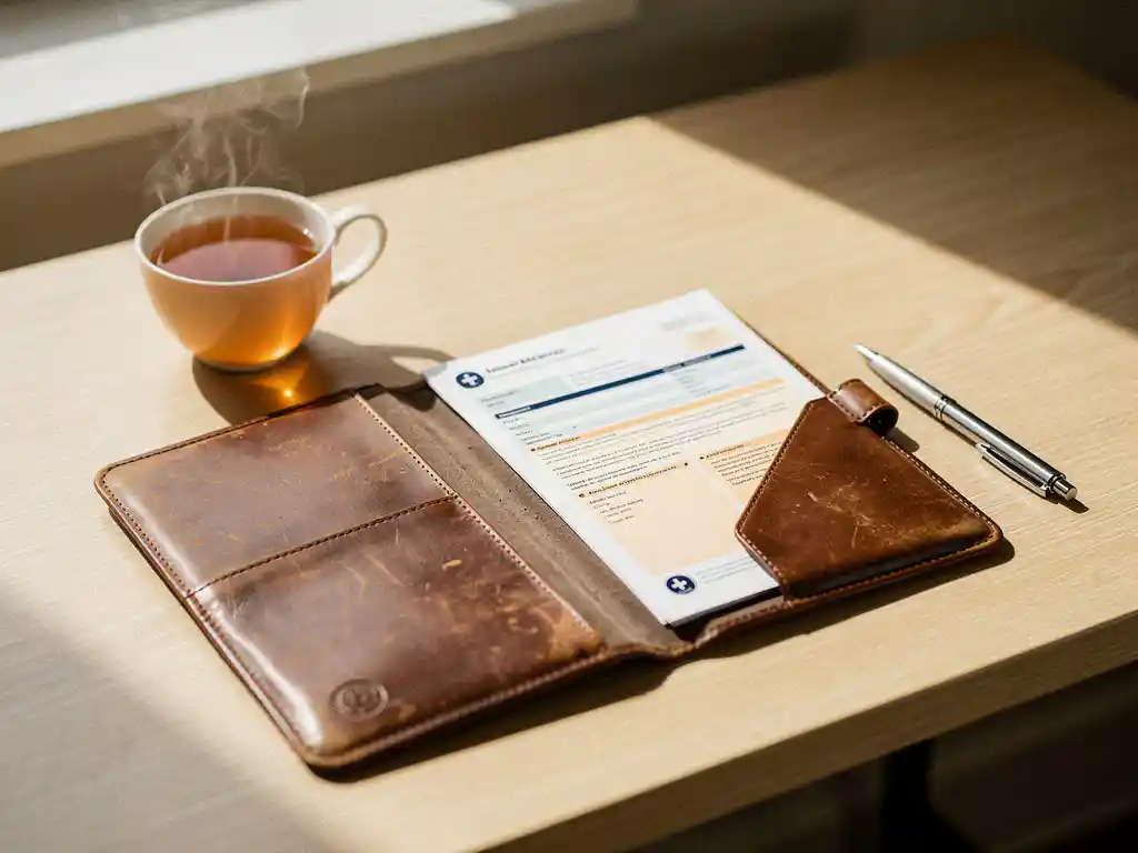 Versleten leren map met officiële Nederlandse zorggerelateerde documenten en pen op houten bureau, naast een dampende kop thee in warm natuurlijk licht.