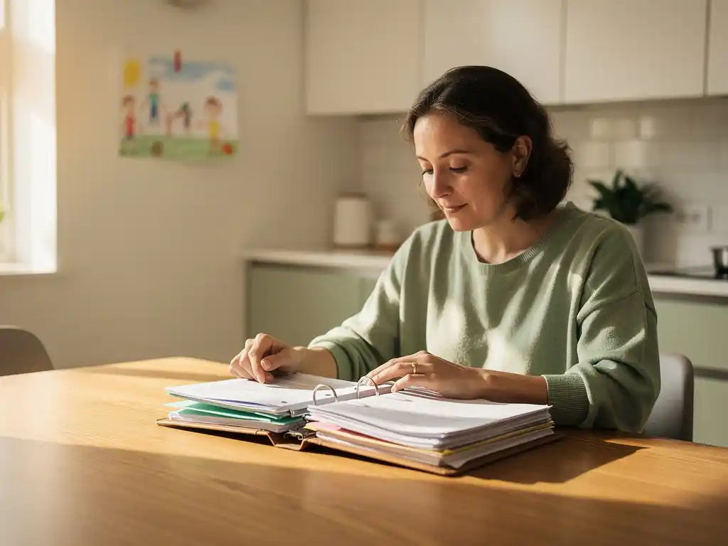 Ouder aan keukentafel met georganiseerde zorgmap, kindertekening op de achtergrond, zacht middaglicht door raam.
