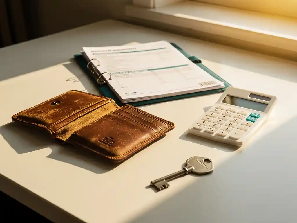 Versleten leren portemonnee naast een zorgdossier, rekenmachine en huissleutel op wit bureau, symboliseert financiële zekerheid voor mantelzorgers.