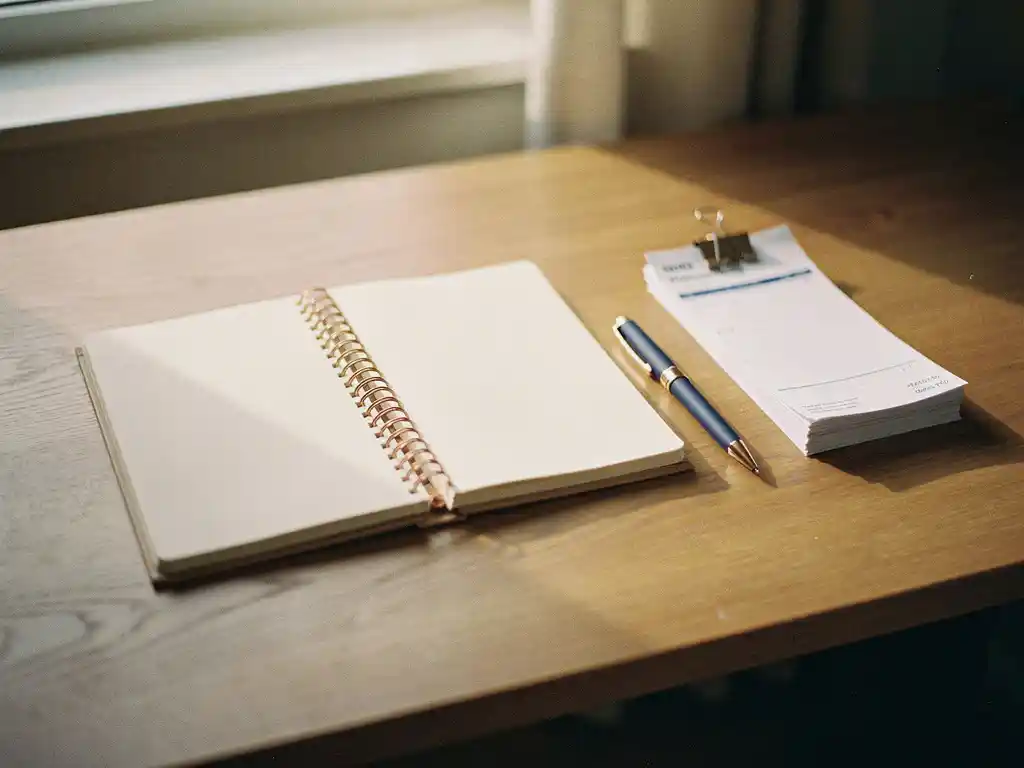 Houten bureau met opengeslagen financieel kasboek, gestapelde zorgfacturen en pen in warm daglicht.