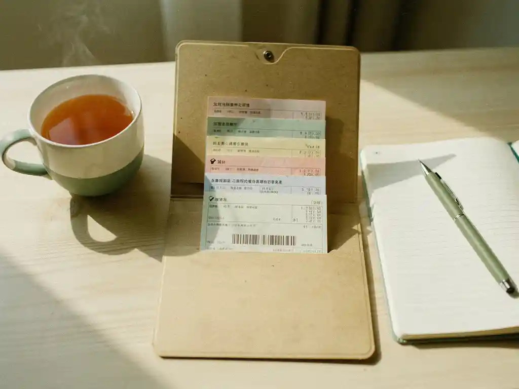 Kraft papieren map met kleurgecodeerde bonnen en zorgfacturen op een houten bureau, naast een kop thee en notitieboek in zacht ochtendlicht.