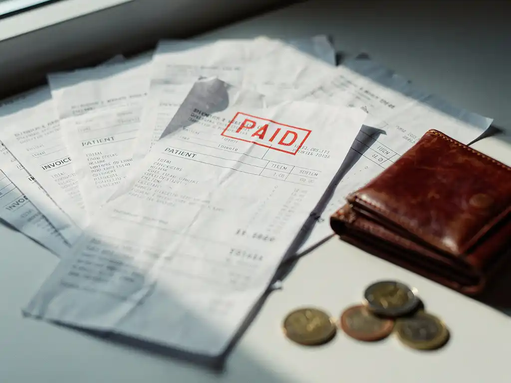 Stapel zorgfacturen met rood administratief stempel op wit bureau, versleten leren portemonnee en euromunten ernaast.