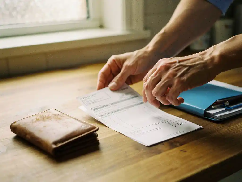 Zorgverlener legt thuiszorg factuur op houten keukentafel naast leren portemonnee en zorgmap, zacht middaglicht.