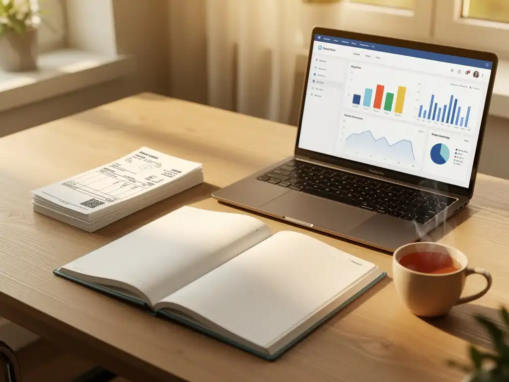 Bureau met opengeslagen planner, zorgfacturen en laptop met financieel dashboard in warm middaglicht.