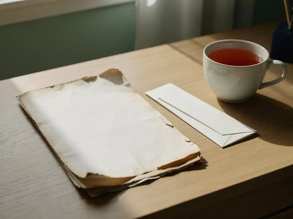 Versleten zorgovereenkomst op houten bureau naast gevouwen brief en dampende thee, zacht natuurlijk raamlicht.