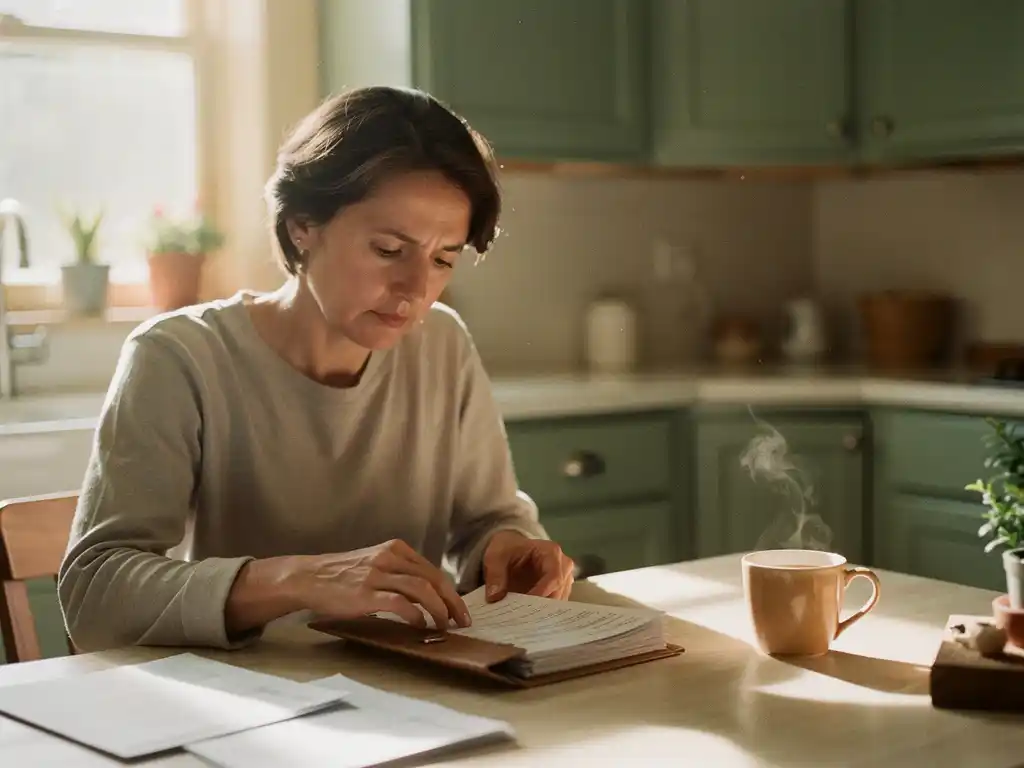 Vermoeide maar rustige persoon die zorgdocumenten ordent in een map aan een nette keukentafel, met een kop thee in zacht middaglicht.