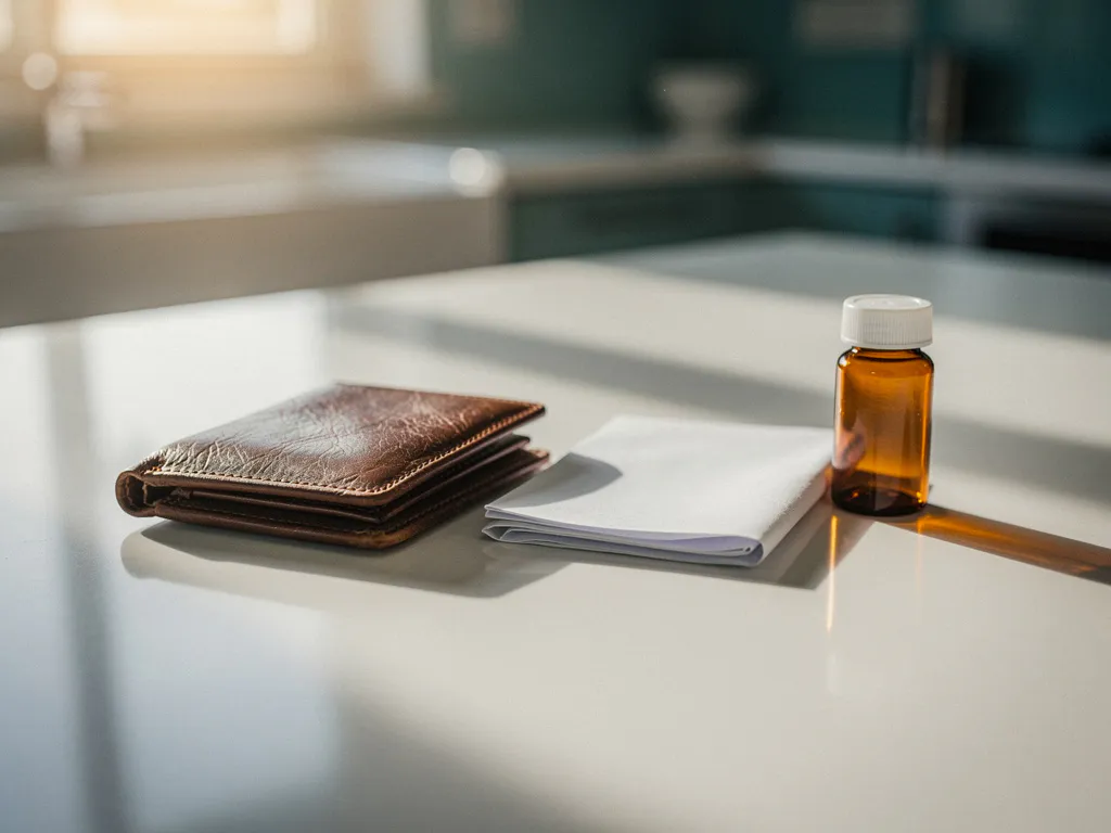 Versleten leren portemonnee open op keukentafel naast gevouwen zorgplan en medicijnflesje, warm middaglicht.