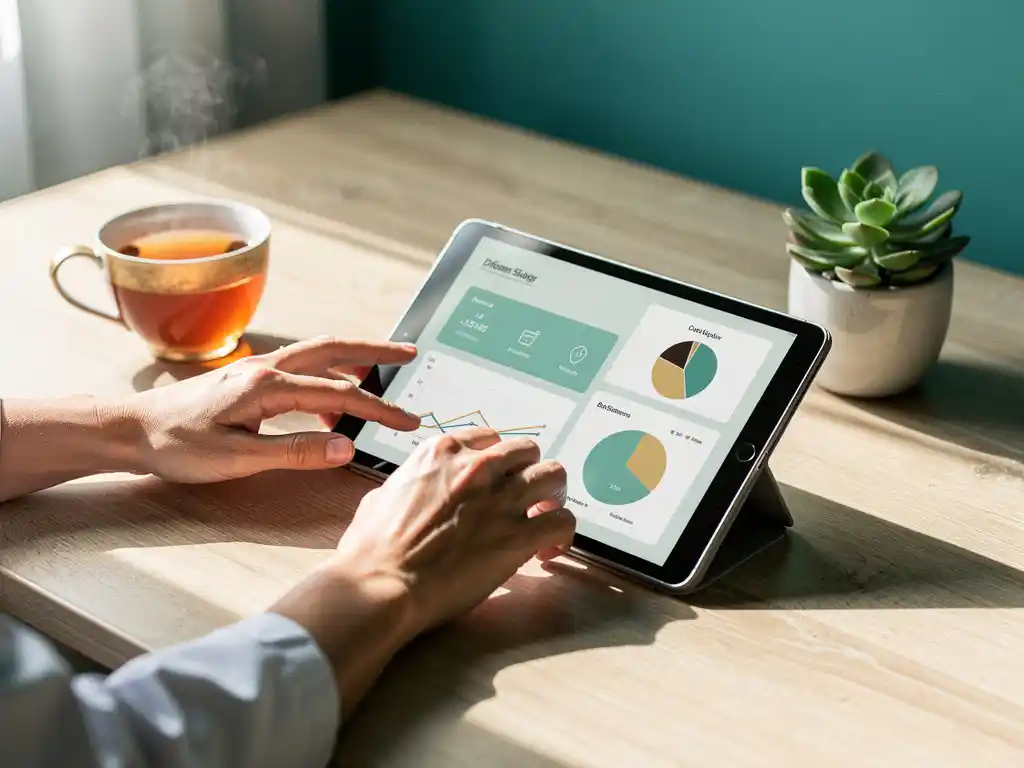 Zorgprofessional gebruikt tablet met financieel dashboard op licht eikenhouten bureau, met theekop en succulent in zacht natuurlijk licht.
