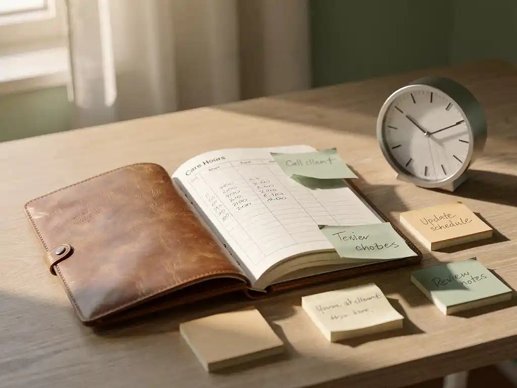 Versleten leren agenda opengeslagen op houten bureau met handgeschreven zorguren en plaknotities, analoge klok ernaast in zacht ochtendlicht.
