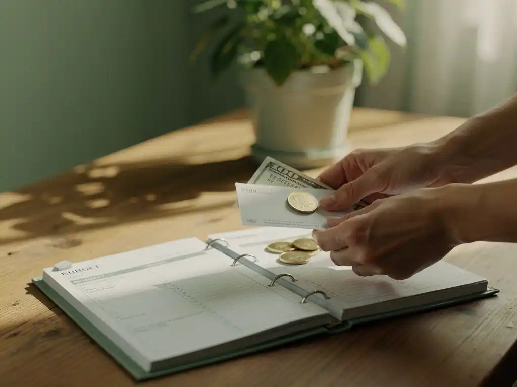 Verzorger legt een envelop met contant geld naast een huishoudelijk budgetplanner op een houten keukentafel.