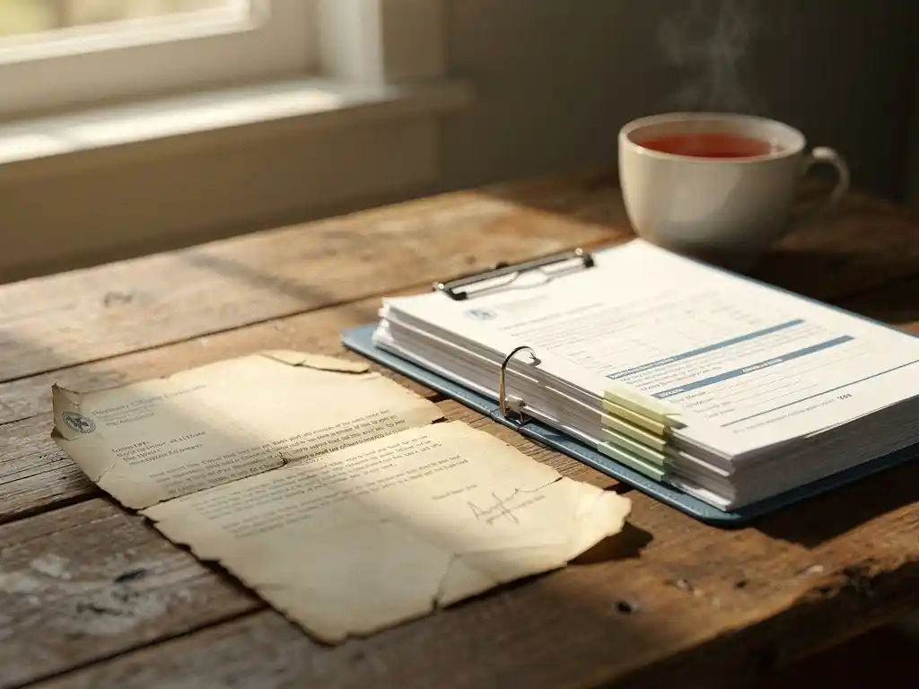 Verkreukelde afwijzingsbrief op houten keukentafel naast een map met zorgdocumenten en een kop thee in zacht middaglicht.