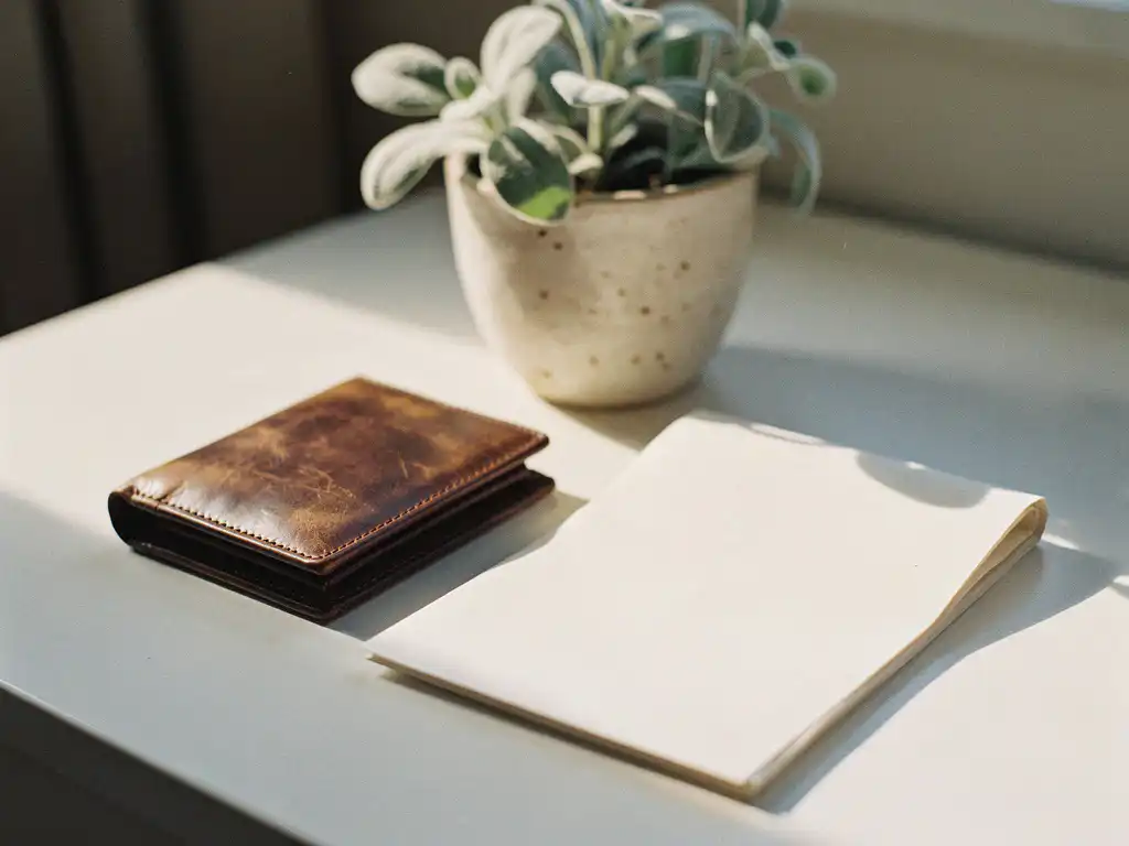 Versleten leren portemonnee naast een gevouwen zorgdocument op een wit bureau, met een klein potplantje en zacht ochtendlicht.