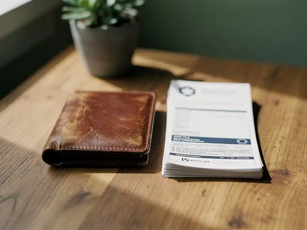 Versleten leren portemonnee naast een gevouwen zorgverzekeringsdocument op een eiken tafel, met een klein potplantje op de achtergrond.