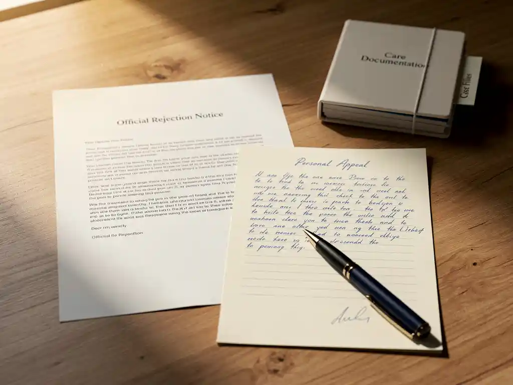 Houten bureau met een formele afwijzingsbrief, handgeschreven bezwaarschrift en zorgdossier in warm ochtendlicht.
