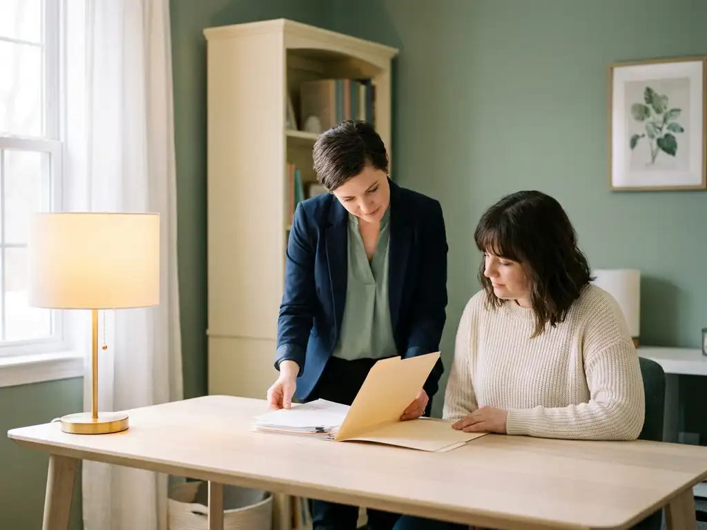 Professional en cliënt bekijken samen een documentmap aan een houten bureau in een warme, rustige kantooromgeving.