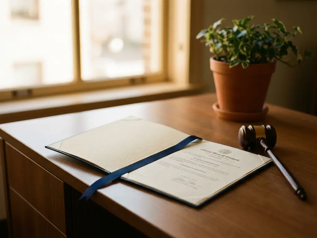 Houten bureau met openliggend officieel document, kleine hamer en kamerplant in zacht middaglicht.