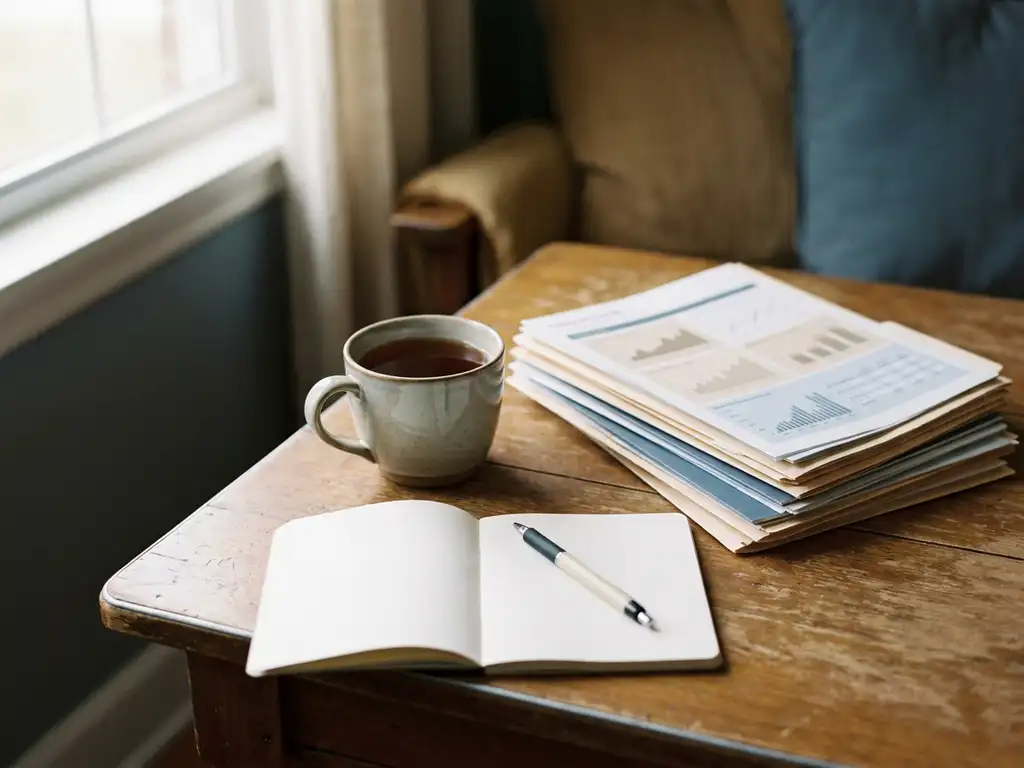 Dampende kop thee naast een open notitieboek en georganiseerde papieren op een houten tafel, sfeervolle belichting voor financiële planning.