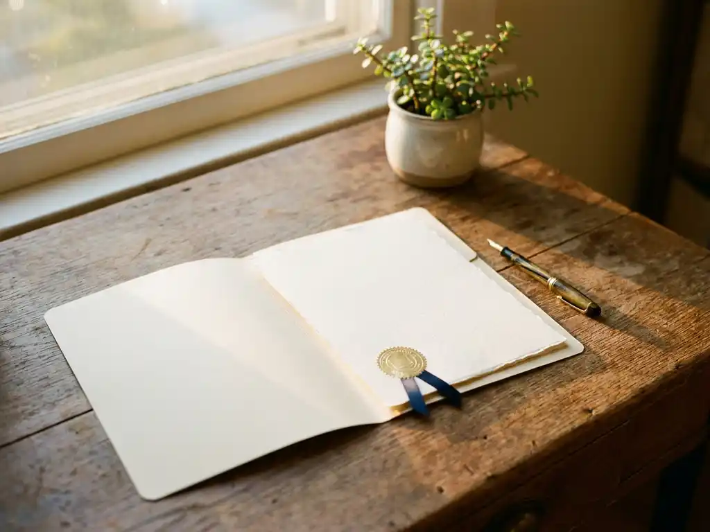 Officieel registratiedocument van een gecertificeerde mentor op een houten bureau, naast een potplant en vulpen, warm natuurlijk licht.