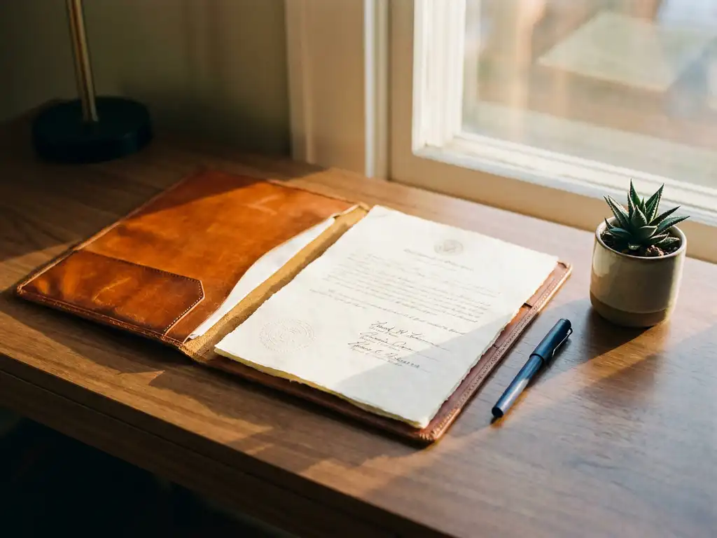 Opengevouwen leren map op houten bureau met ondertekend document, pen en kleine groene plant in warm natuurlijk licht.