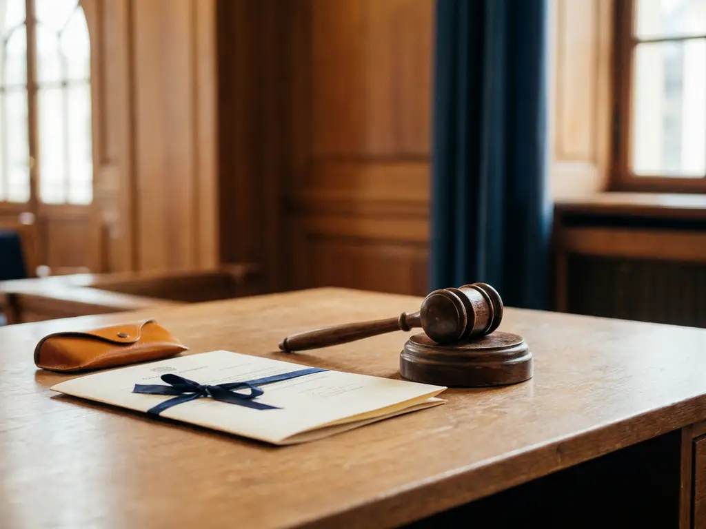 Versleten houten rechtershamer naast een gevouwen officieel document op een rechtbankbureau, met zacht natuurlijk licht en een leesbrillenkoker.