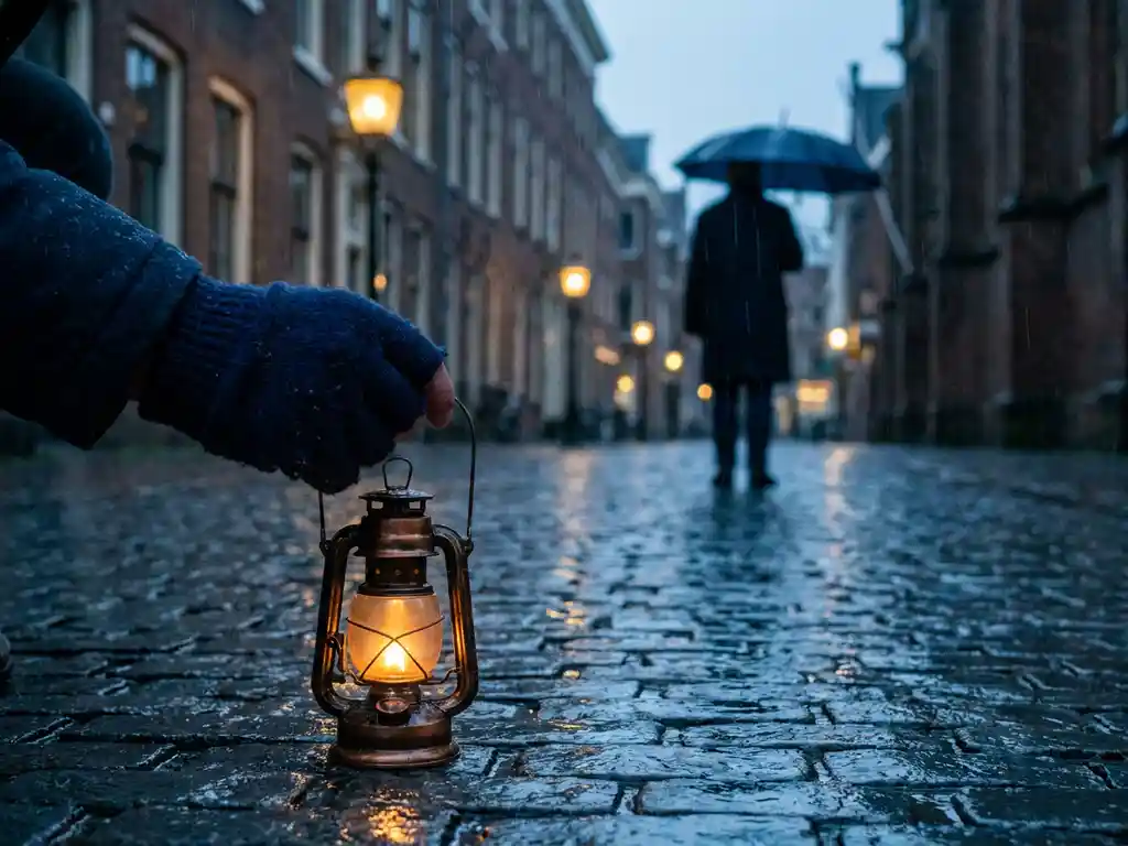 Hand houdt een gloeiend lantaarntje vast op een regenachtig Rotterdams straatje bij schemering, warm amber licht op blauwe keien.