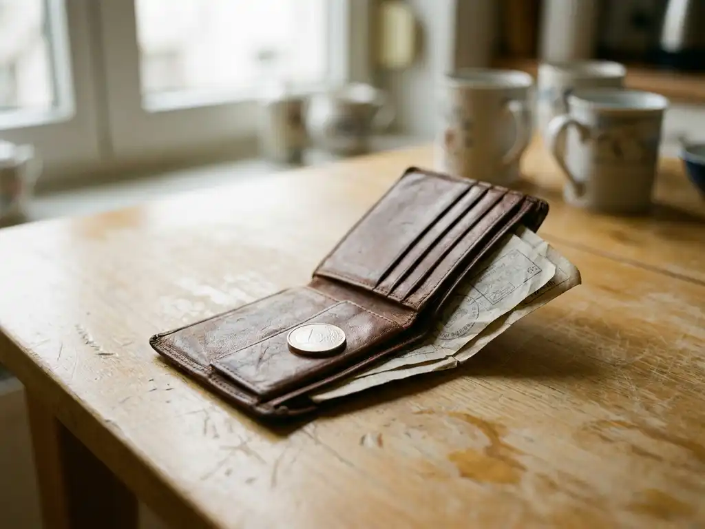 Versleten open leren portemonnee met één euromuntstuk op een houten keukentafel, omringd door verfrommelde officiële documenten.