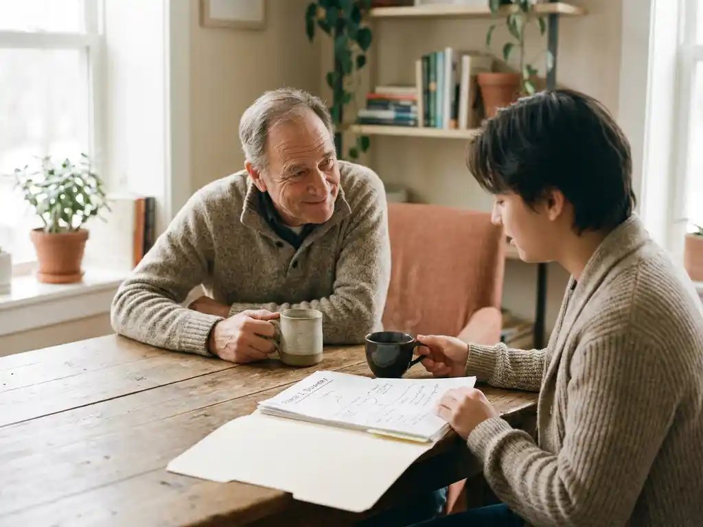 Mentor en cliënt aan houten tafel met twee dampende koffiekopjes en open map in warmverlicht kantoor.