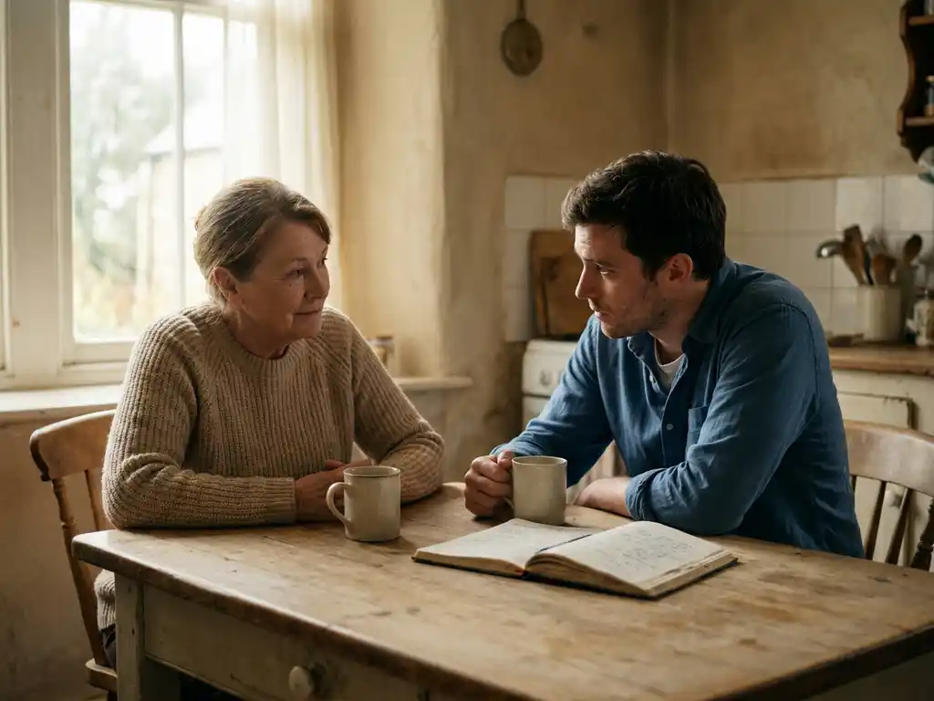 Mentor en cliënt aan keukentafel met thee en notitieboek, warme vertrouwelijke sfeer in zacht natuurlijk licht.
