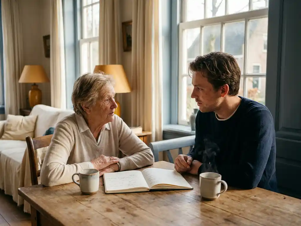 Mentor en cliënt in gesprek aan houten tafel in Nederlandse woonkamer, met open notitieboek en dampende koffie in warm middaglicht.