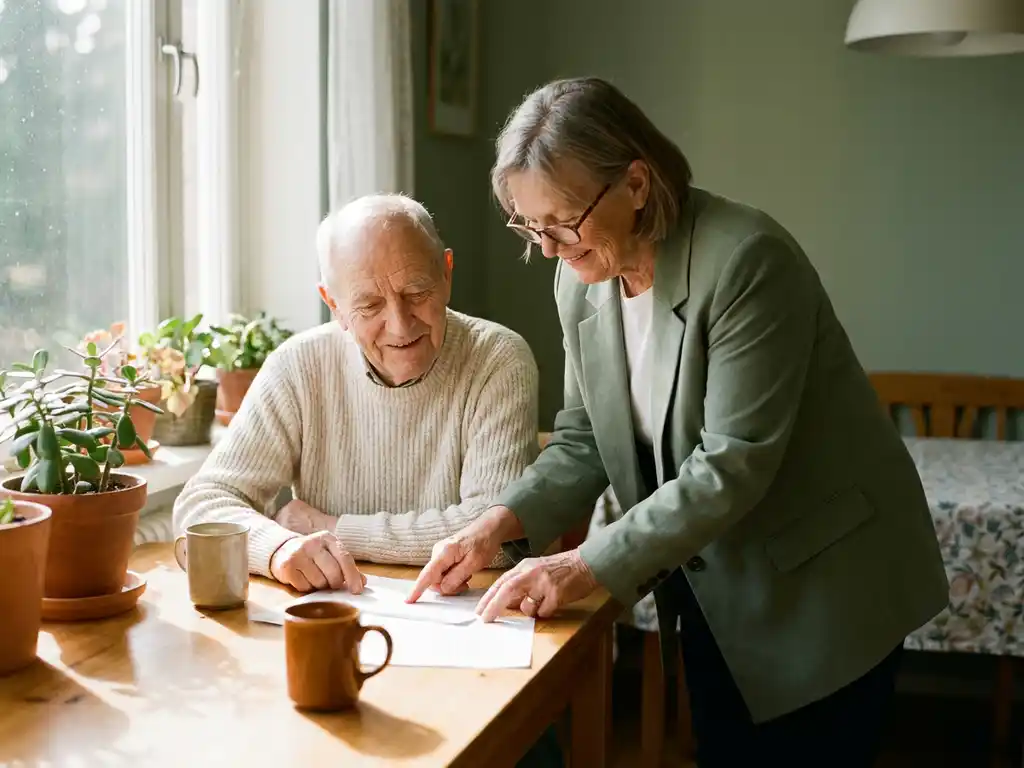 Mentor en oudere persoon bekijken samen documenten aan keukentafel in warm middaglicht, sfeer van vertrouwen.