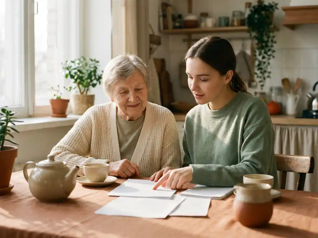 Oudere vrouw en zorgverlener bekijken samen zorgdocumenten aan keukentafel, warm middaglicht, kopje thee op tafel.
