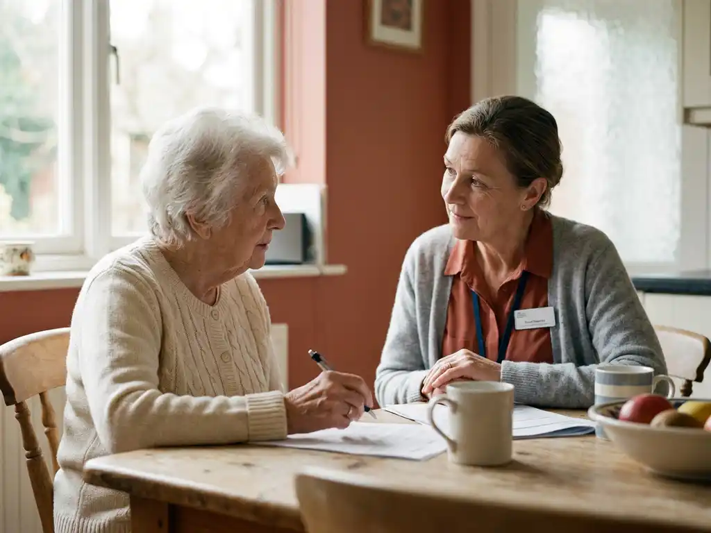 Oudere persoon en zorgprofessional aan keukentafel, bespreken persoonlijke documenten in warm middaglicht.