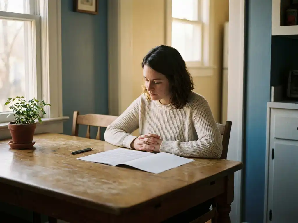 Persoon aan houten keukentafel met handen op officieel document, pen en kamerplant op de achtergrond, rustige middagsfeer.