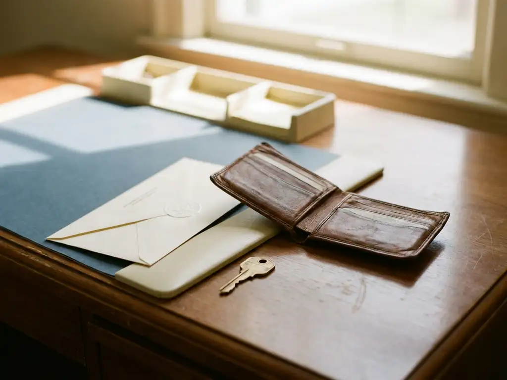 Versleten leren portemonnee open op een gemeentelijk bureau naast een gevouwen officiële brief en een huissleutel, zacht natuurlijk licht.