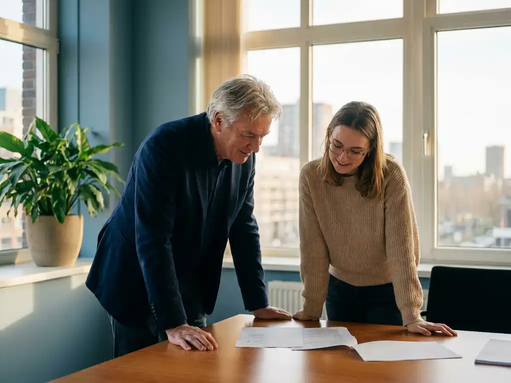 Financieel adviseur en oudere cliënt bekijken documenten samen aan houten bureau in Rotterdam-kantoor met warm middaglicht.