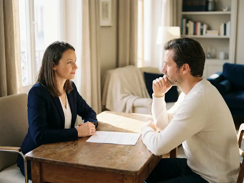 Mentor en cliënt aan houten bureau met ondertekend officieel document, warm middaglicht, rustige en vertrouwelijke sfeer.