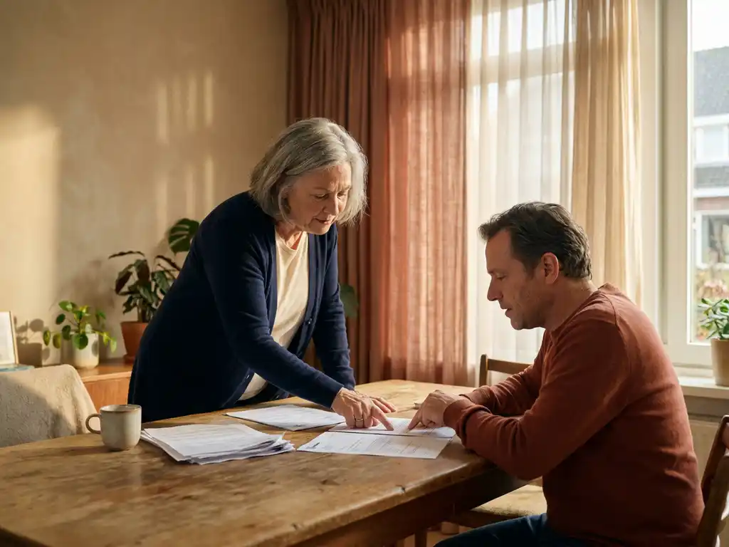 Mentor begeleidt kwetsbare volwassene bij het doornemen van documenten aan een houten tafel in warm middaglicht.