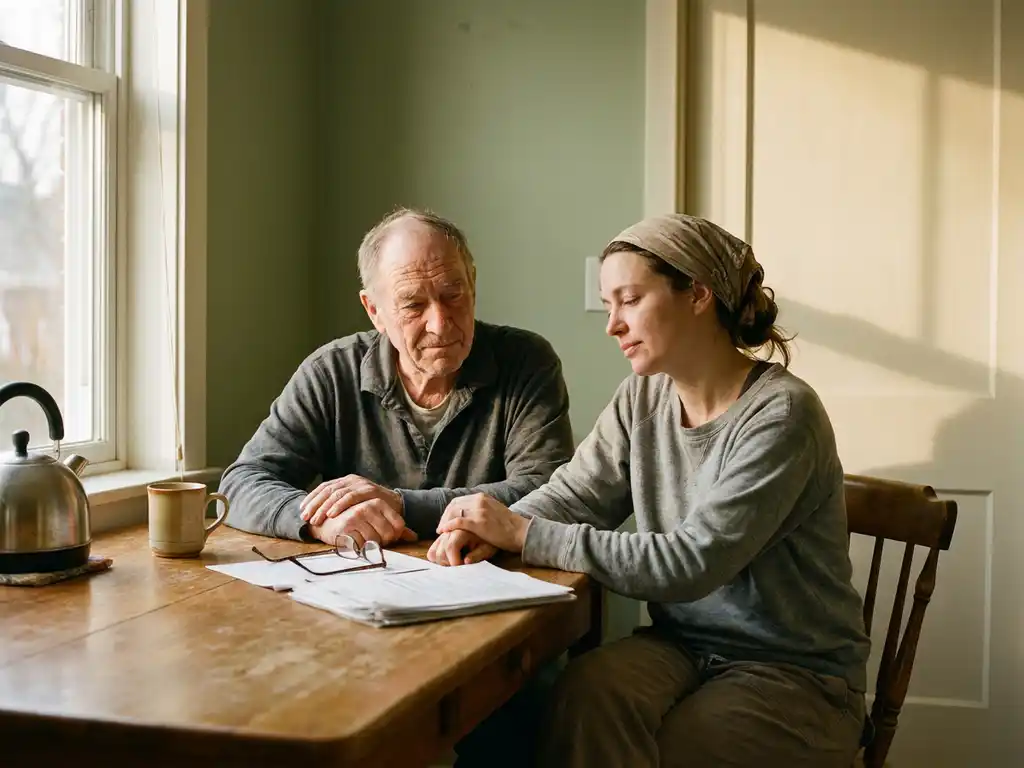 Mentor en kwetsbare volwassene aan keukentafel met gedeelde papieren, zacht middaglicht, rustige en waardige sfeer.