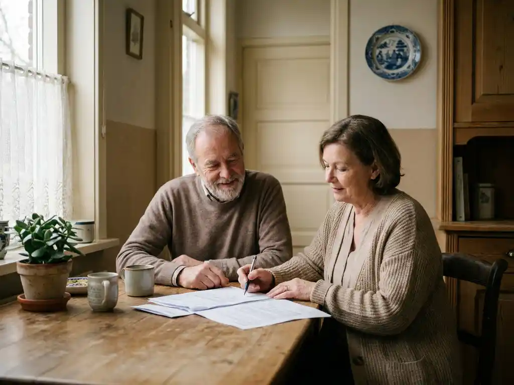 Mentor en kwetsbare volwassene bekijken samen papieren aan een houten keukentafel in een Nederlandse woning, warm middaglicht.
